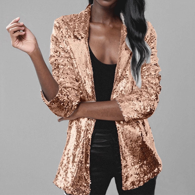 Damen Blazer – Taillierter Schnitt – Paillettenstoff – Offene Front – Lange Ärmel
