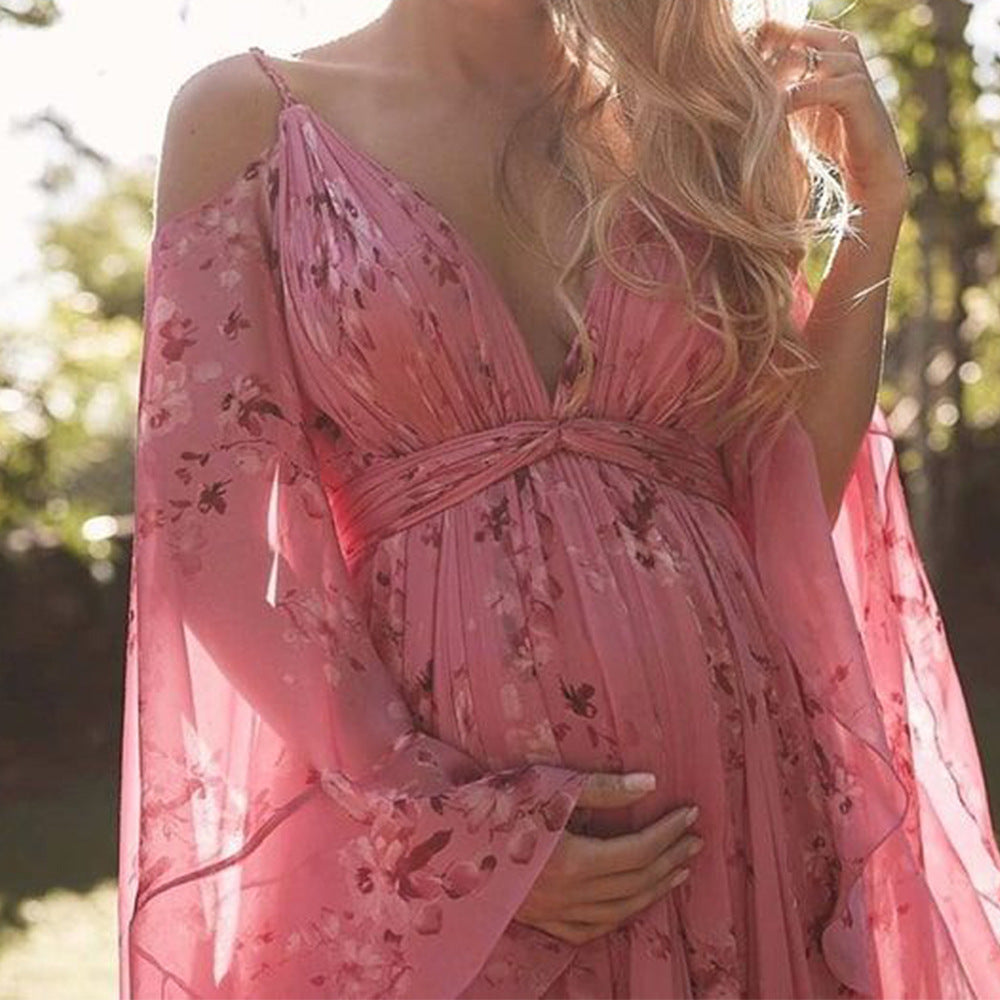 Damen Maxikleid – Eleganter A-Linien Schnitt – Luxusstoff – Tiefer V-Ausschnitt – Flatterärmel