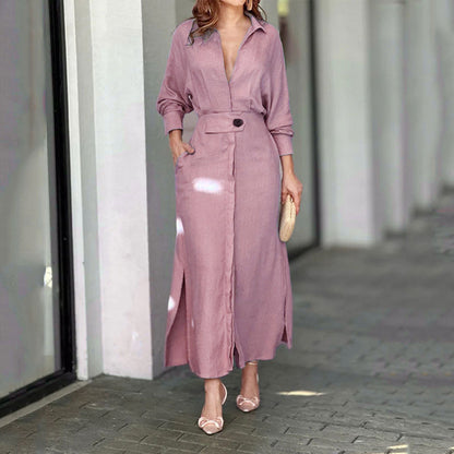 Damen Kleid – Hemdblusenkleid – Linnen – Taillierte Passform – Asymmetrischer Saum