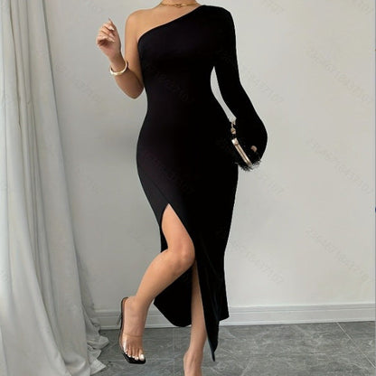 Damen Bodycon Kleid – Off-Shoulder – Asymmetrischer Schlitz – Elegantes Abendkleid