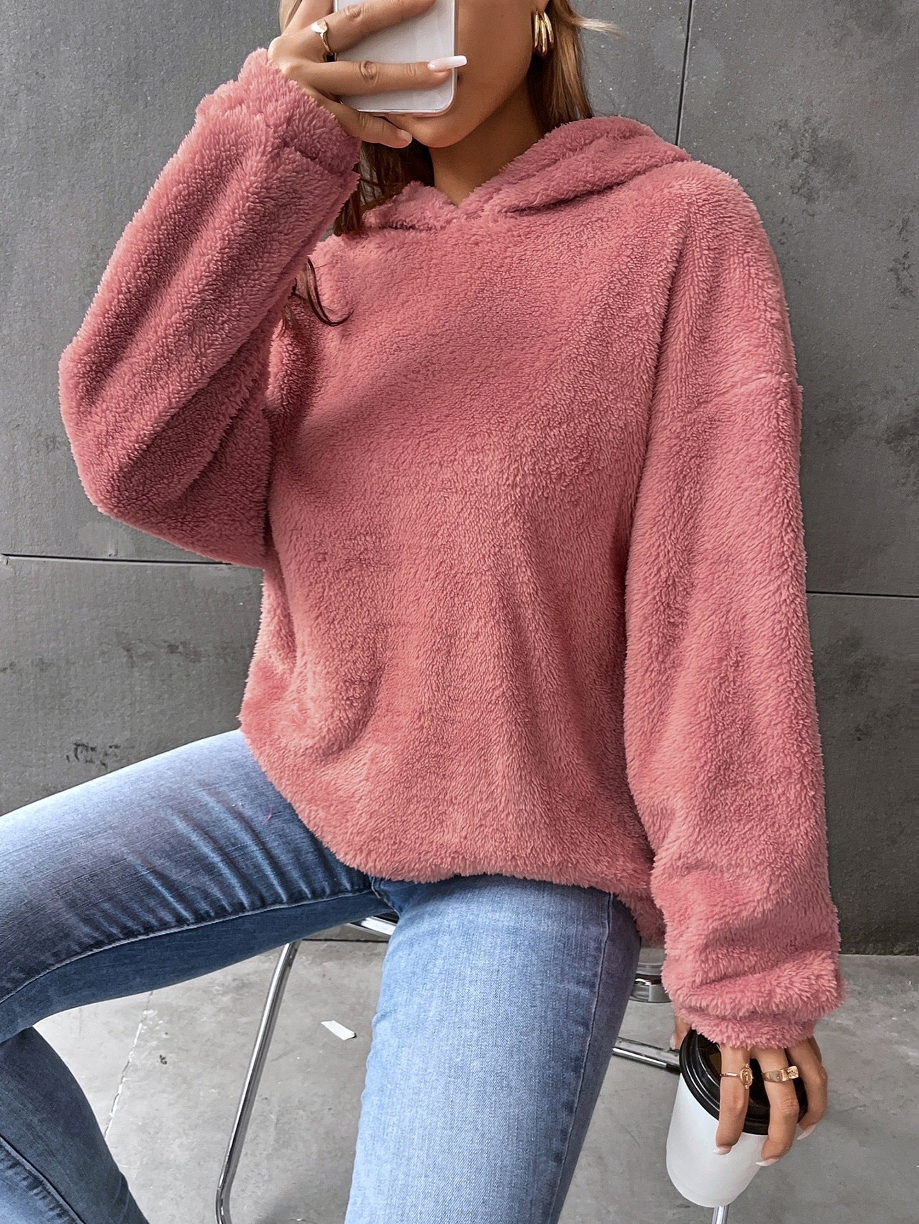 Damen Kapuzenpullover – Lockerer Schnitt – Fleece – Kurz – Langarm – Loungewear