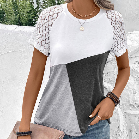 Damen T-Shirt – Relaxed Fit – Baumwollmix – Spitzendetails – Rundhals Colorblock