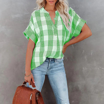 Damen Bluse – Lockerer Schnitt – Kariertes Muster – V-Ausschnitt – Baumwolle