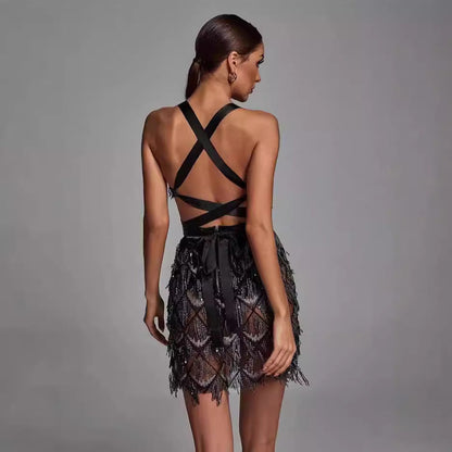Damen Midikleid – Figurbetont – V-Ausschnitt – Pailletten mit Quasten – Geometrisch