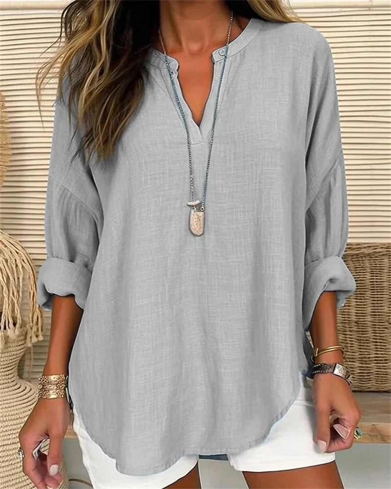 Damen Langarmshirt – Lockerer Schnitt – Stehkragen – Atmungsaktive Naturfaser