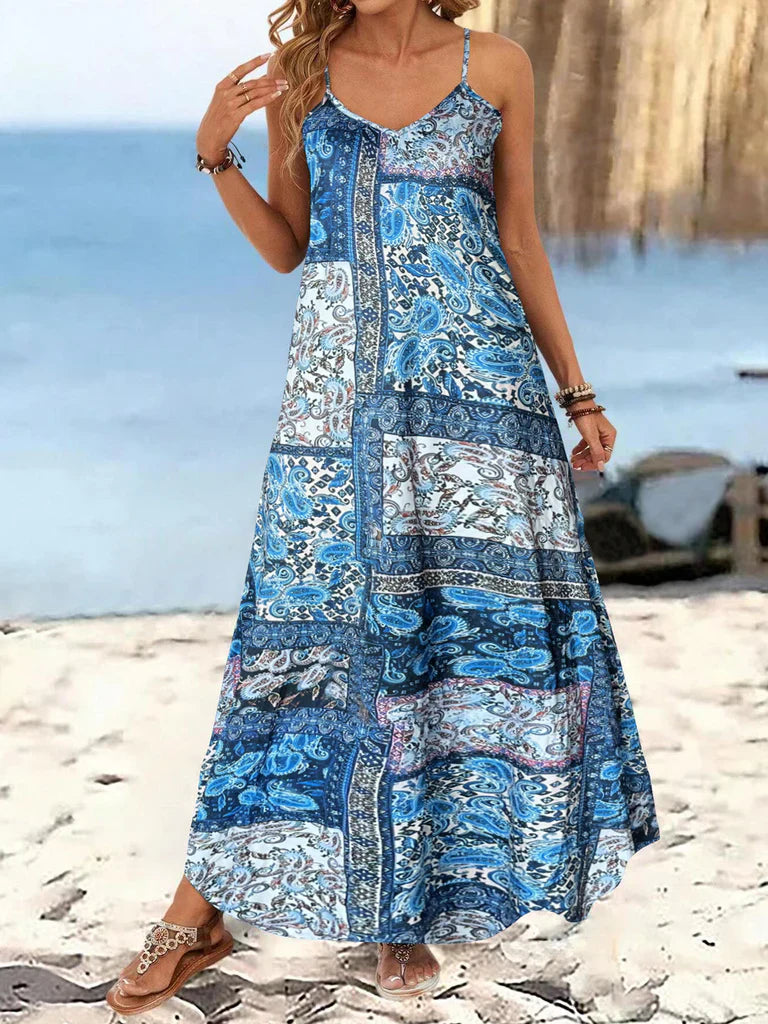 Damen Maxi Kleid – Blumendruck – Ärmellos – Spaghettiträger – Baumwollgefühl