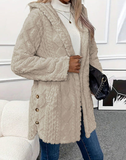 Damen Strickjacke mit Kapuze – Fleece Optik – Relaxed Fit – Knopfverschluss