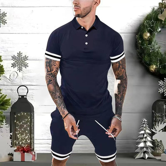 Herren Set – Poloshirt & Shorts – Slim Fit – Atmungsaktiv – Kurzarm – Sportliche Streifen – Elastischer Bund
