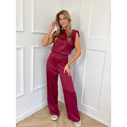Damen Jumpsuit – Satinoptik – Weit Bein – Ärmellos – Lockerer Schnitt – Hoher Ausschnitt