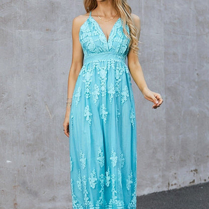Damen Maxikleid – Taillierter Schnitt – Florale Stickerei – Tiefer V-Ausschnitt – Luftiges Gewebe