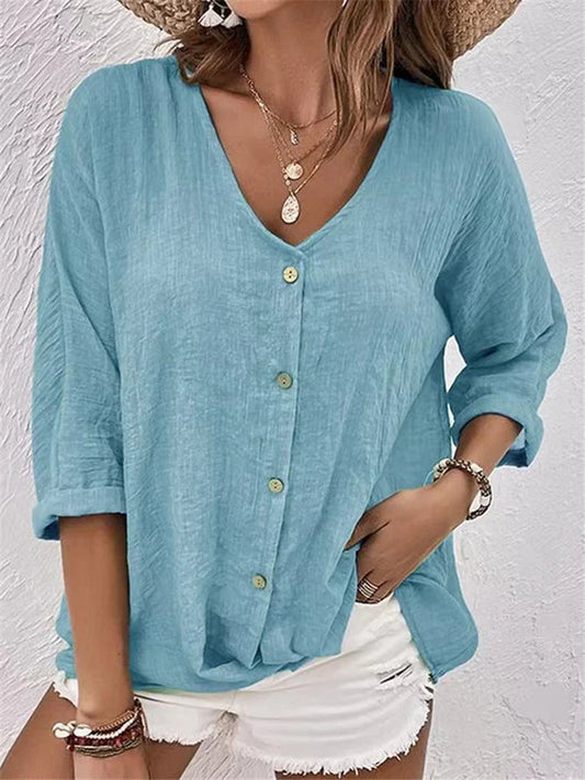 Damen Bluse – Linnen – Lockerer Schnitt – V-Ausschnitt – Knopfleiste – 3/4 Ärmel