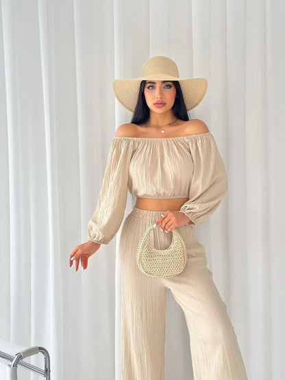 Damen Zweiteiler Set – Off Shoulder Crop Top – Weit Beinschnitt – Elastischer Bund