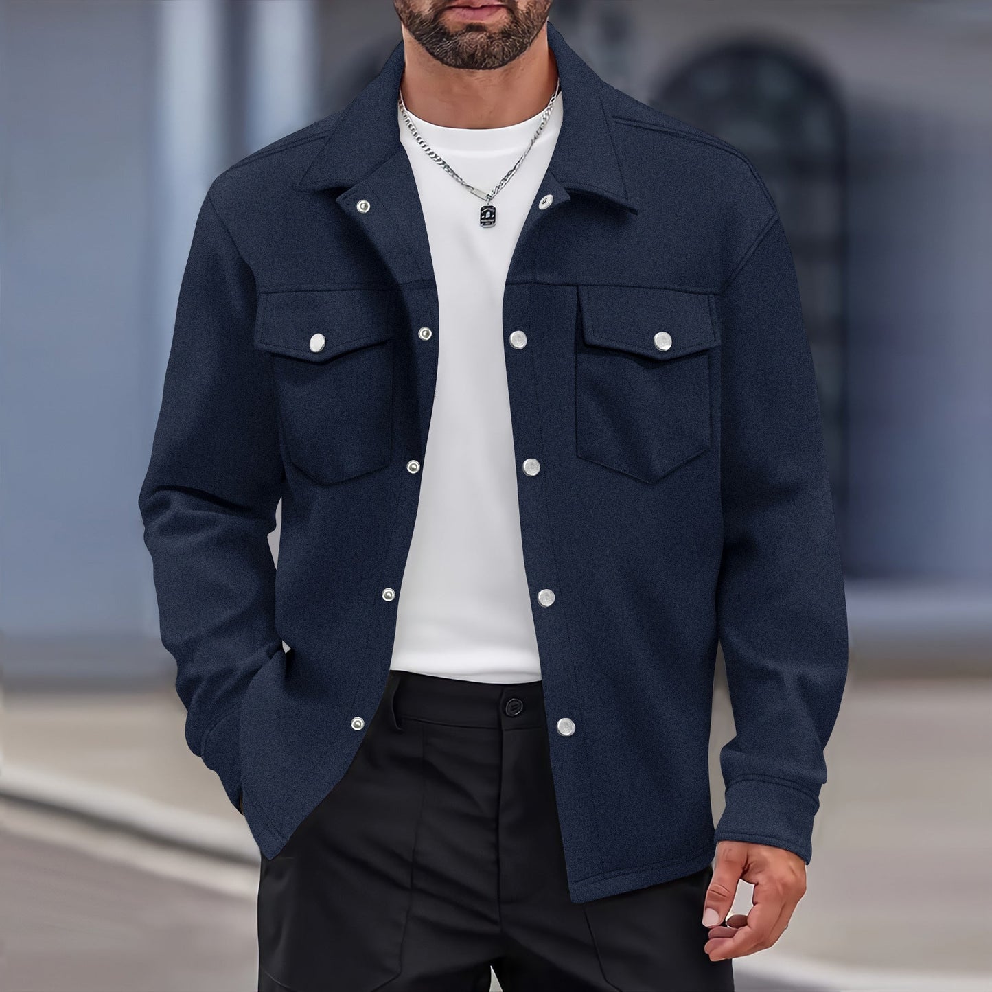 Herren Jacke – Moderner Schnitt – Wolloptik – Knopfverschluss – Brusttaschen