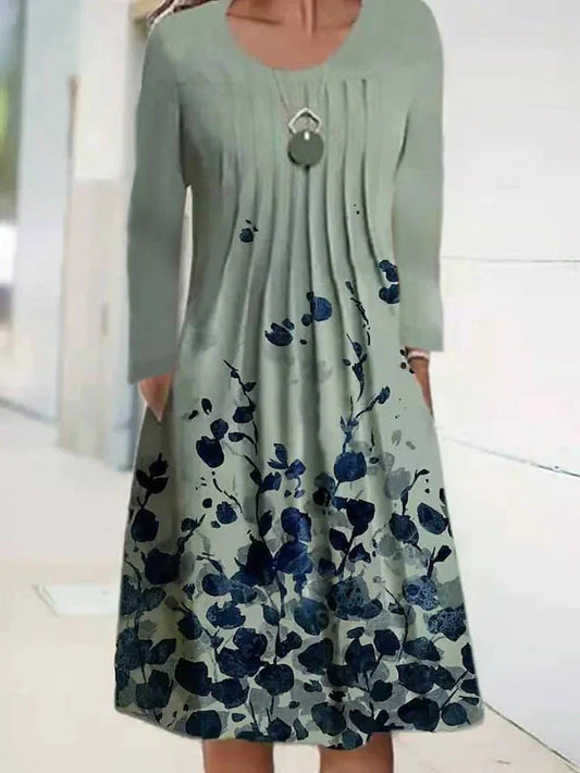 Damen A-Linienkleid – Baumwollmix – Lange Ärmel – Faltenausschnitt – Florales Detail