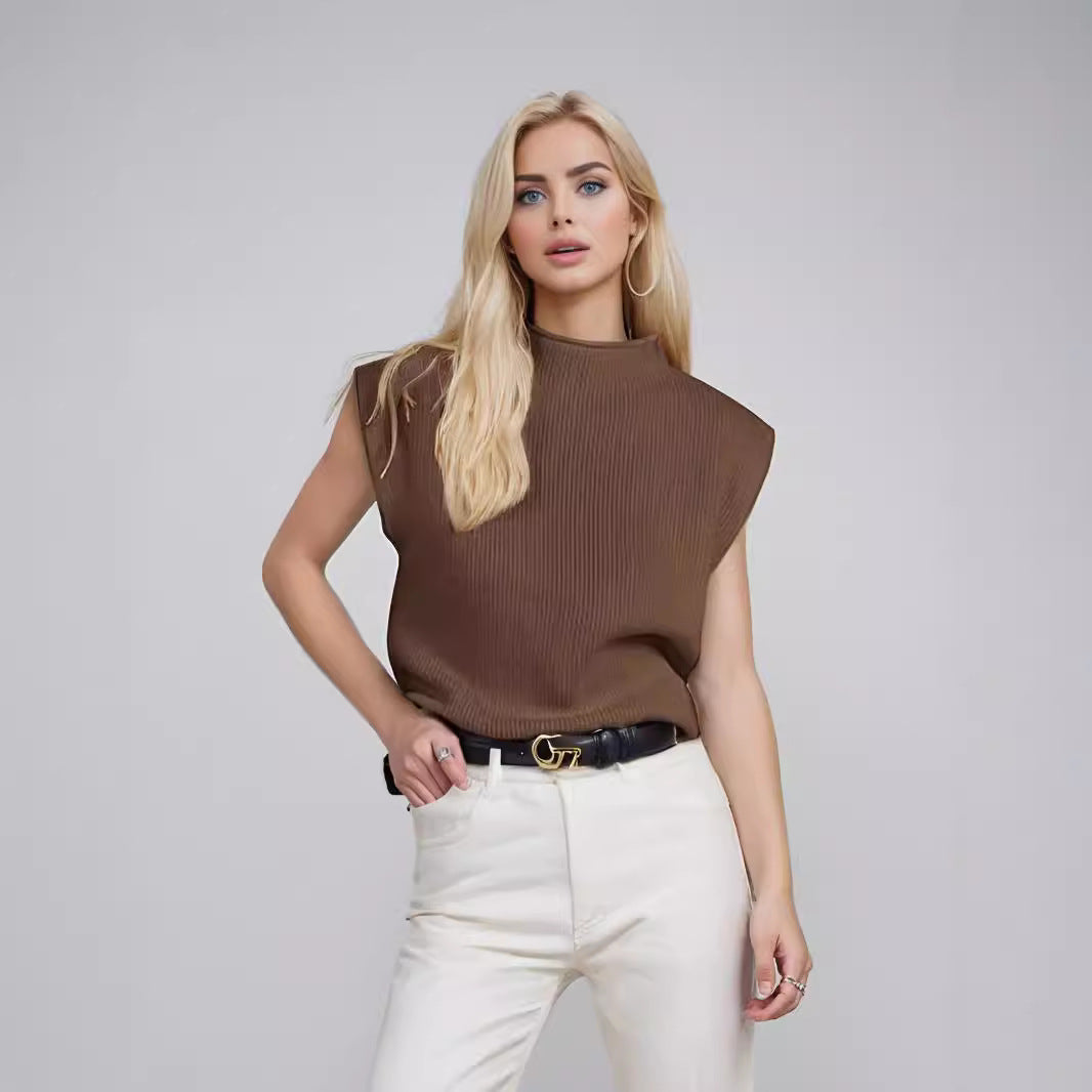Damen Rollkragenpullover Ärmellos – Wollmischung – Lockerer Schnitt – Gerippte Struktur