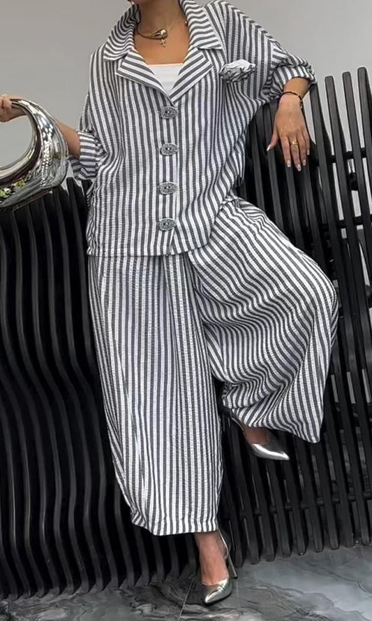 Damen Blazer – Lockerer Schnitt – Gestreift – Atmungsaktive Baumwolle – Reverskragen