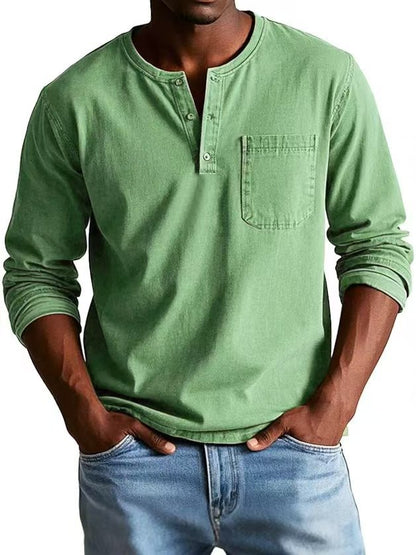 Herren Langarm-T-Shirt – Slim Fit – Atmungsaktive Mischung – Knopfleiste mit Brusttasche