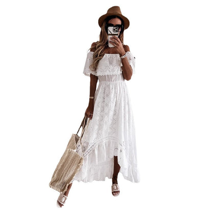Damen Maxikleid – Off-Shoulder – Fließend Boho – Spitze – Taillenbetont – Luftiger Stoff