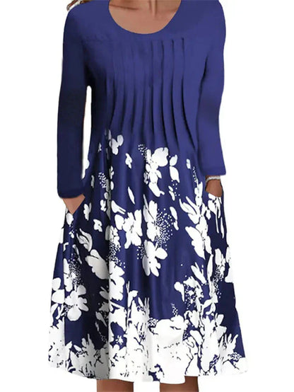 Damen A-Linienkleid – Baumwollmix – Lange Ärmel – Faltenausschnitt – Florales Detail