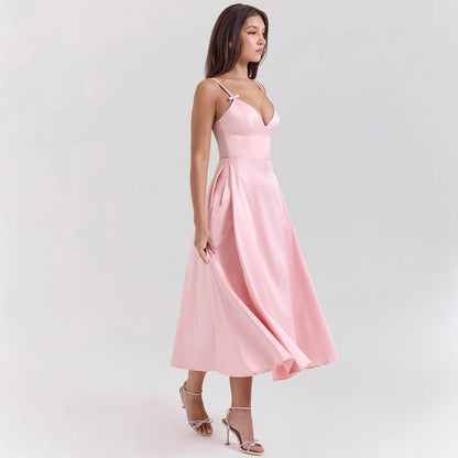 Damen Abendkleid – Luxusstoff – V-Ausschnitt – Spaghettiträger – A-Linie Midi