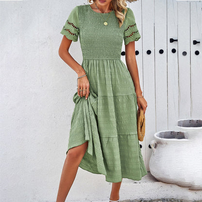 Damen Midikleid – Smock-Oberteil – Stufenrock – Cut-Out-Ärmel – Fließender Schnitt