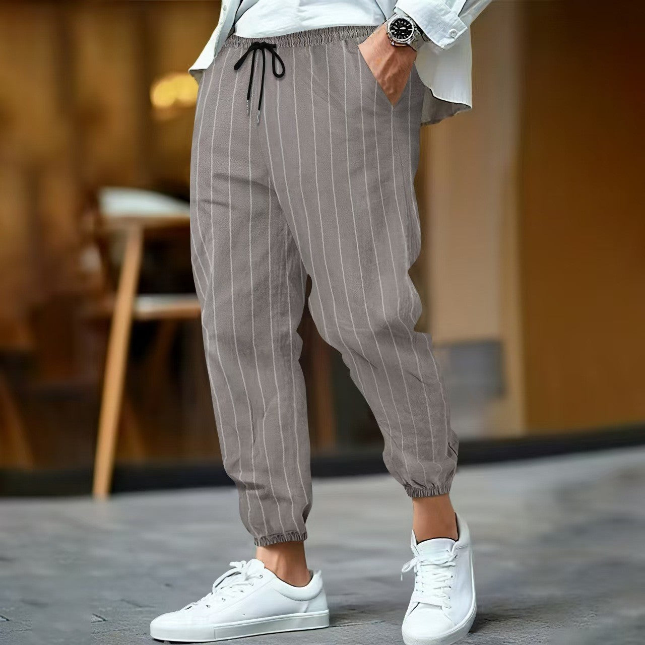 Herren Freizeithose – Lockerer Schnitt – Baumwollmix – Elastikbund mit Kordelzug