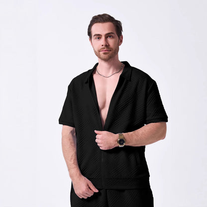 Herren Kurzarmhemd – Relaxed Fit – Texturierte Oberfläche – Zip Front – Baumwollmix