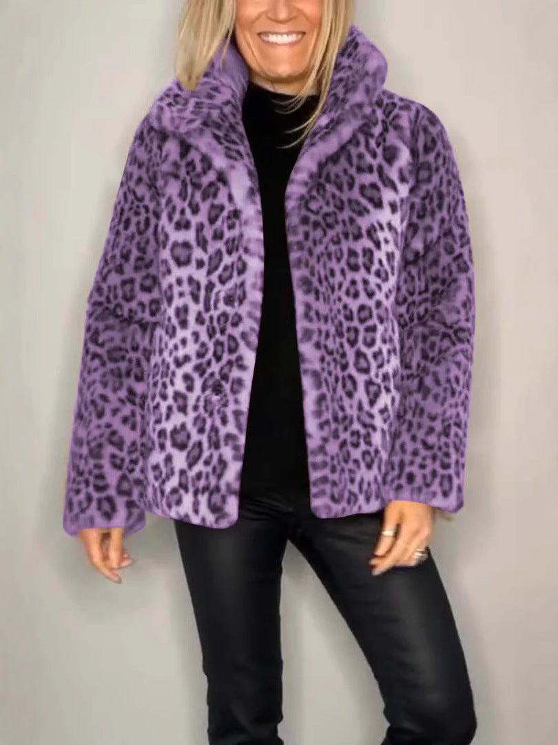 Damen Mantel – Kunstfell – Oversize Passform – Reverskragen – Leopardenmuster