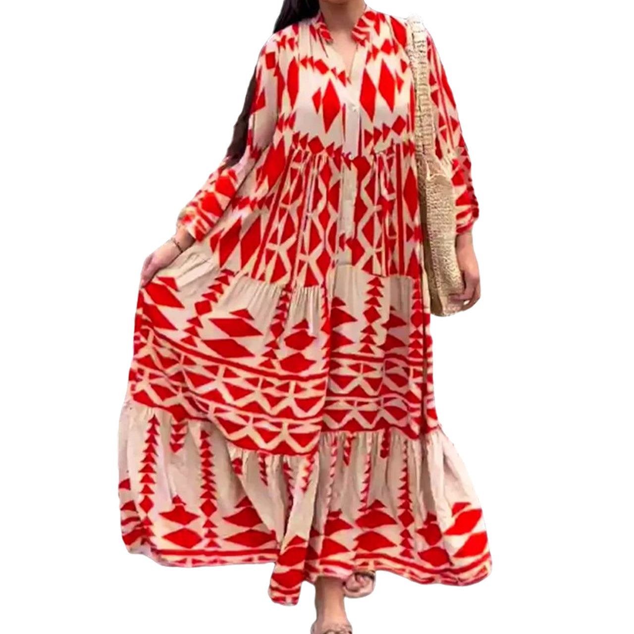 Damen Maxikleid – Lockere Passform – Knopfleiste – Boho-Stil – Baumwollstoff