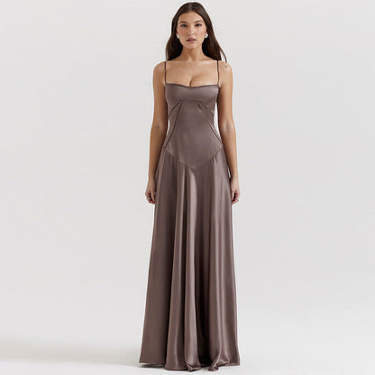 Damen Abendkleid – A-Linie – Luxusstoff – Spaghettiträger – Cut-Out Taille – Lang