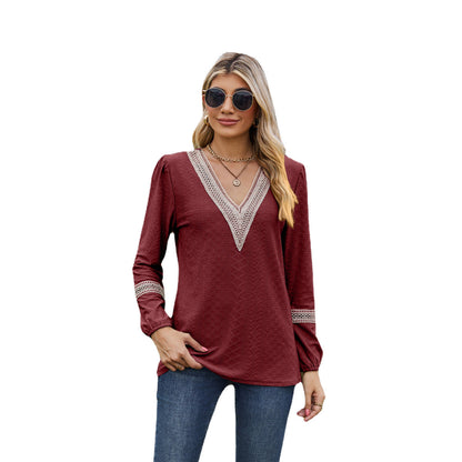 Damen Langarmshirt – Lockere Passform – V-Ausschnitt – Spitzendetails – Atmungsaktiver Stoff