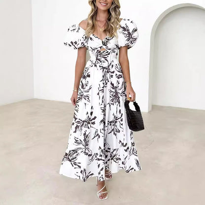 Damen Maxikleid – Luftiger Schnitt – Puffärmel – Elegant gemustert – Naturfasern
