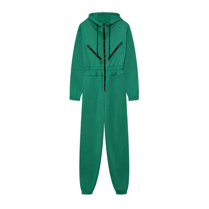 Damen Jumpsuit – Relaxed Fit – Baumwollmix – Kapuze – Reißverschluss – Bündchenabschluss