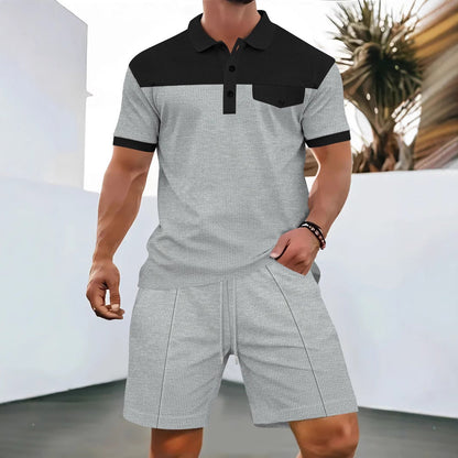 Heren Set – Poloshirt en Shorts – Regular Fit – Atmungsaktives Baumwollmaterial – Brusttasche