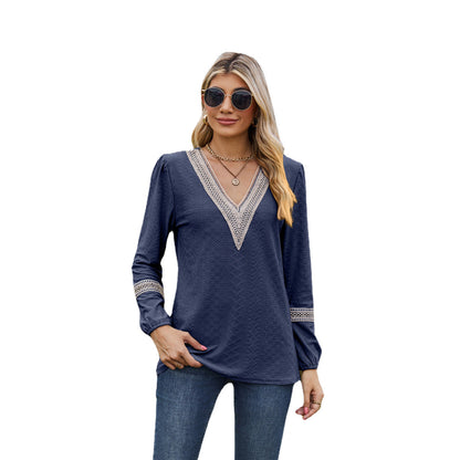 Damen Langarmshirt – Lockere Passform – V-Ausschnitt – Spitzendetails – Atmungsaktiver Stoff