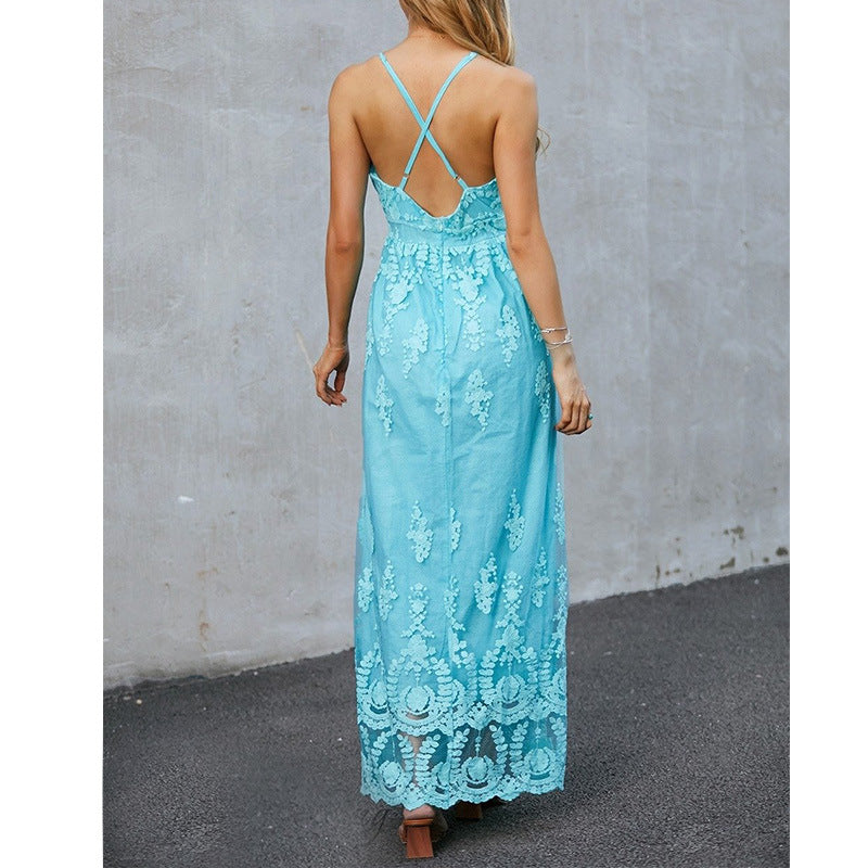 Damen Maxikleid – Taillierter Schnitt – Florale Stickerei – Tiefer V-Ausschnitt – Luftiges Gewebe