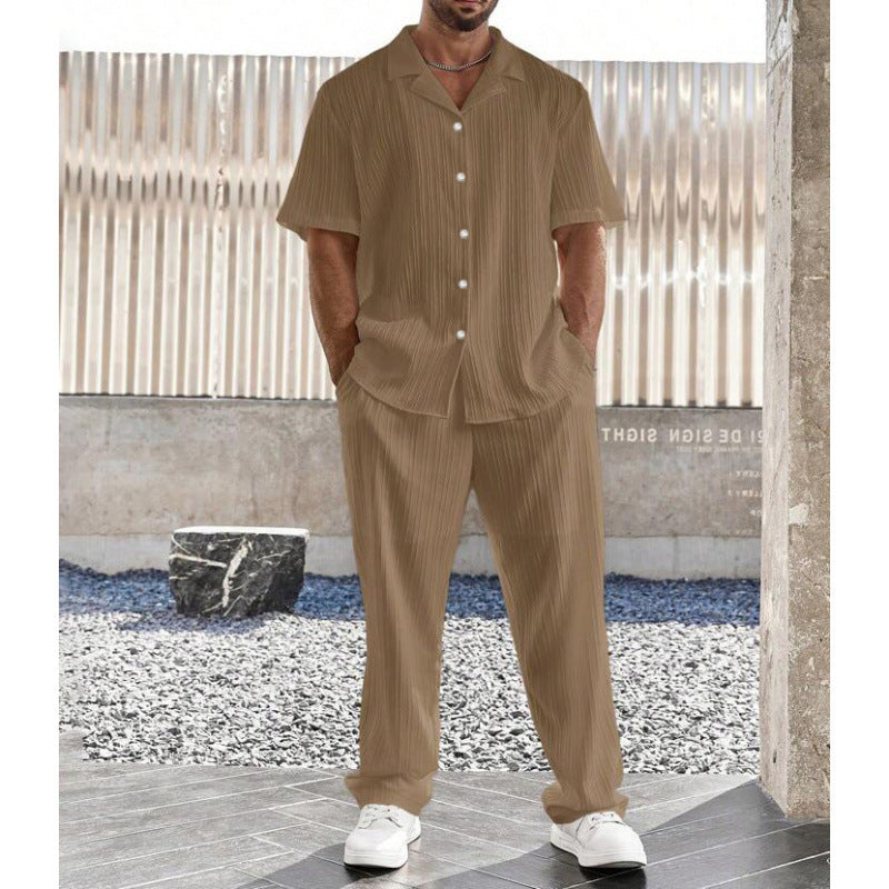 Herren Freizeitset – Atmungsaktive Naturfasern – Lockeres Kurzarmhemd – Gerade Hose