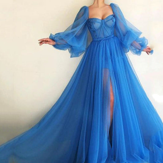 Damen Abendkleid – Tülloptik – Herzausschnitt – Voluminöse Ärmel – Beinschlitz
