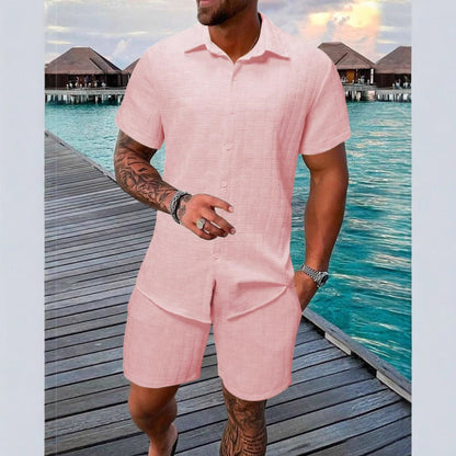 Herren Zweiteiler Set – Relaxed Fit – Jacquard Textur – Naturfasern – Kurzarm Hemd