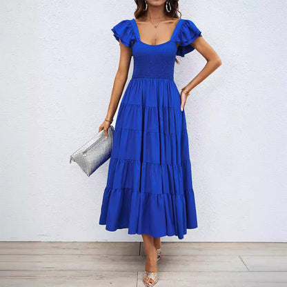 Damen Maxikleid – A-Linie – Smock-Oberteil – Rüschen-Träger – Stufenrock – Atmungsaktives Gewebe