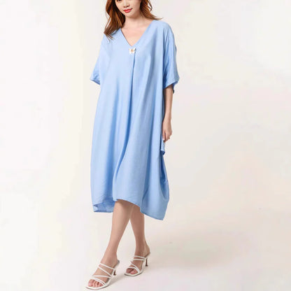 Damen Tunika Kleid – Lockerer Schnitt – V-Ausschnitt – Maxi Länge – Atmungsaktives Gewebe