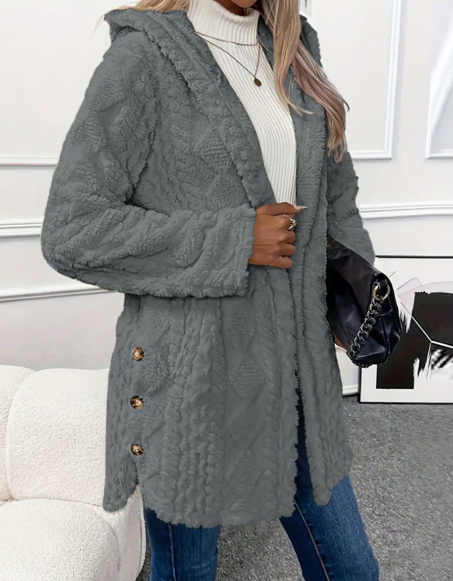 Damen Strickjacke mit Kapuze – Fleece Optik – Relaxed Fit – Knopfverschluss