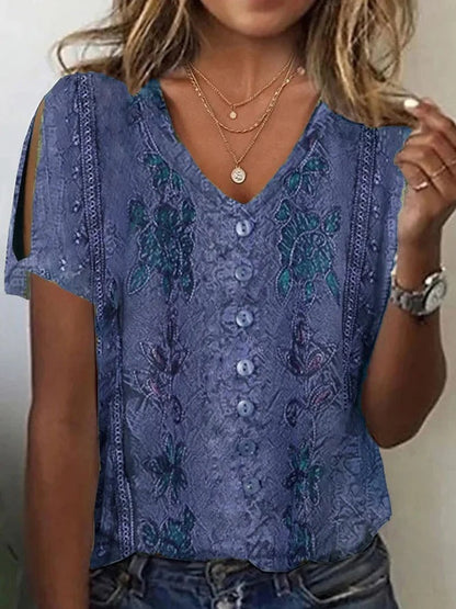 Damen Bluse – Lockerer Schnitt – V-Ausschnitt – Boho Stickerei – Atmungsaktives Gewebe