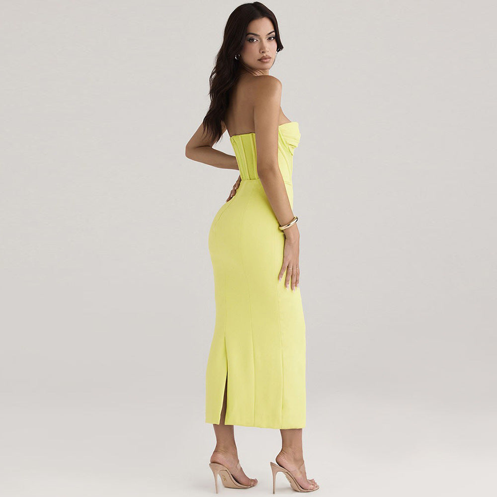 Damen Bodycon Kleid – Schulterfrei – Slim Fit – Korsett-Design – Midi mit Gehschlitz