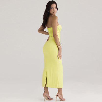 Damen Bodycon Kleid – Schulterfrei – Slim Fit – Korsett-Design – Midi mit Gehschlitz
