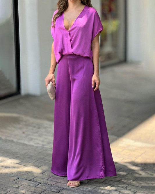 Women’s Wrap Set – Flowing Fit – Wide Leg – Deep V-Neck – Luxury Fabric