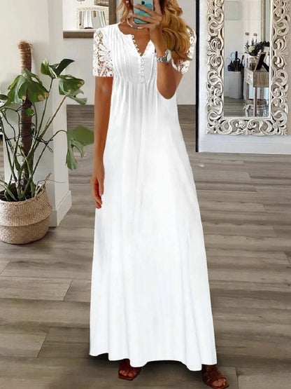 Damen Maxikleid – Fließender Schnitt – Spitze Kurzarm – Knopfleiste Elegant