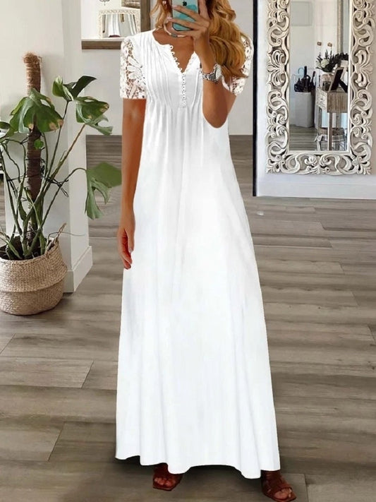 Damen Maxikleid – Fließender Schnitt – Spitze Kurzarm – Knopfleiste Elegant