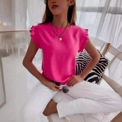 Damen Bluse – Lockerer Schnitt – Rüschärmel – Atmungsaktive Webart – Rundhals