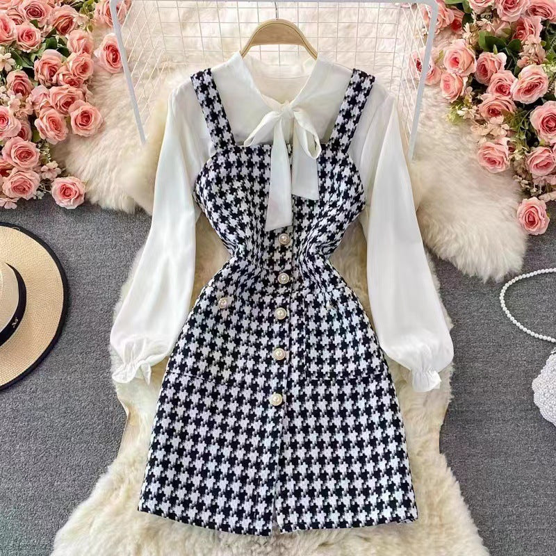Damen Zweiteiler Kleidset – Tweed Pinafore Kleid – Schleifenbluse – Tailliert Elegant